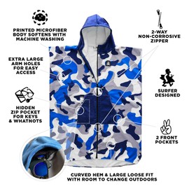 Pilotfish Surf Poncho Changing Robe Towel - Hooded, Zippered Towel Poncho for Beach, Surfing, Swimming | 2 Front Pockets, Machine Washable, (Water Camo, Large)