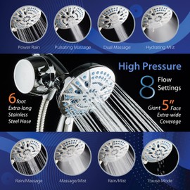 AquaCare Magneton 8-setting Magnetic Docking Hand Shower with Built-in Shower Filter - On/Off Filtration Modes, Instant Cartridge Reload, Stay-Clean KDF Cartridge, 6 ft. Steel Hose, Chrome Finish