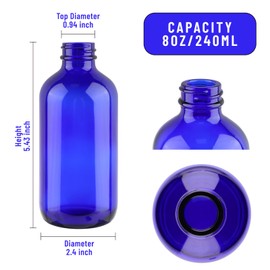 PINIWON 12 Pack 8 oz Cobalt Blue Glass Bottles, 240ml Boston Round Sample Bottles with Black Poly Cone Caps, Labels and Funnels