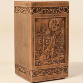 KIMNAG Wooden Cremation Urn for Human Wood Ashes Decorative Box Funeral Urns for Adult Male Female with Satin Bag Burial or Memorial Keepsake (Wolf (XL) 250lbs)
