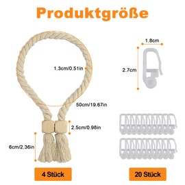Pack of 4 Magnetic Curtain Tiebacks with 20 Curtain Gliders, Drawstring Magnetic Curtain Tiebacks, Wooden Boho Curtain Tiebacks Handmade Curtain Cotton Rope Tiebacks for Curtain Decoration (Beige)