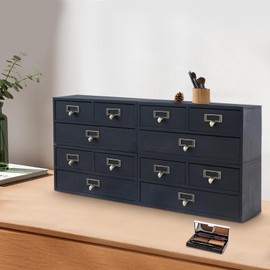 4 Pack Desktop Cabinets, 3-Drawer Vintage Wood Desk Organizer Stackable Units with Label Holders for Herb Storage, Apothecary Diaries, Tea Collection, Cosmetics, Jewelry (Black)