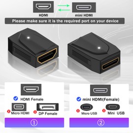 QIANRENON 8K HDMI Female to Mini HDMI Female Adapter Coupler UHD2.1 HDMI Socket to Mini HDMI Socket Connector Extender, LED Light, Extension HDMI/Mini HDMI, for Camera HDTV Monitor Projector, 2Pcs