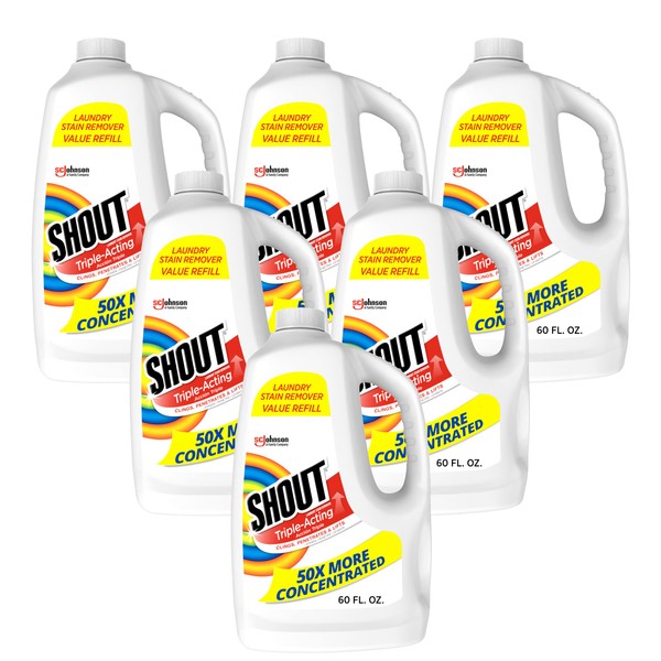 Shout Active Enzyme Laundry Stain Remover Spray, Triple-Acting Formula Clings, Penetrates, and Lifts 100+ Types of Everyday Stains - Prewash Refill 60oz - 6 Pack