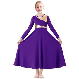 ORIDOOR Girls Praise Dance Dress Metallic Gold Liturgical Worship Church Robe Full Length Swing Lyrical Costume,Dark Purple,Tag150,11-12Years