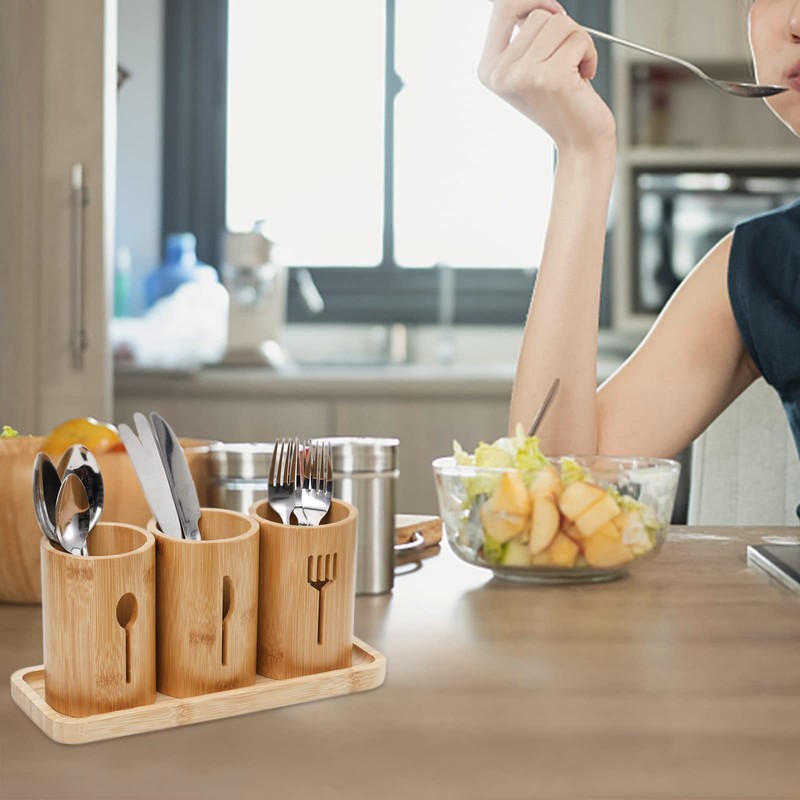 Lyellfe Silverware Holder, Bamboo Utensil Organizer with Tray, Rustic Farmhouse