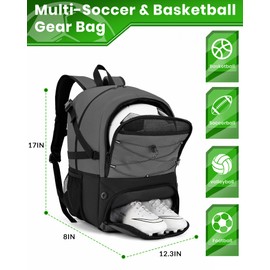 Hsmihair Soccer Backpack with Ball Holder &Soccer bag With Shoe Compartment, Water-Resistant Sports Bag for Basketball, Football, Volleyball (Grey)