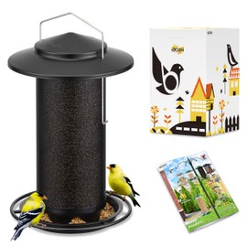 iBorn All Metal Bird Feeders for Outdoors Hanging, Mesh Tube Finch Bird Feeder for Thistle Seed, 18cm Large Roof &Tray, Black, 2.8lb(Seed is not Included)