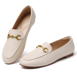 Minorsu - Mocasines con hebilla para mujer, con puntera redonda, zapatos planos de negocios, casual, trabajo, conducción, Beige, 24.5 cm