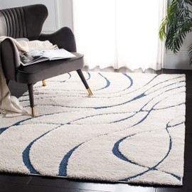 SAFAVIEH Florida Shag Collection 4' Square Cream/Blue SG471 Abstract Wave Non-Shedding Living Room Bedroom Dining Room Entryway Plush 1.2-inch Thick Area Rug