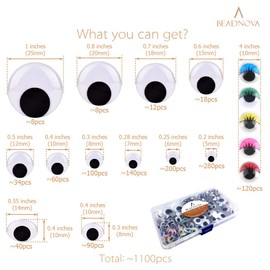 BEADNOVA Googly Eyes Self Adhesive Google Wiggle Eyes for Crafting Sticky Googley Eyes for DIY Craft Scrapbooking (1100pcs, Multi Colors and Assorted Sizes)