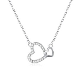Double Heart Pendant Necklace, Silver Plated Chain, Cubic Zirconia Crystal Inlay