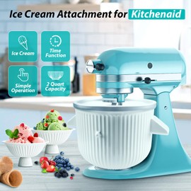 Ice Cream Maker Attachment for KitchenAid Stand Mixer, Ice Cream Bowl Compatible with 4.5Qt and Larger Stand Mixers, Ice Cream & Sorbet Gelato Maker Attachment, 8 Quart, White