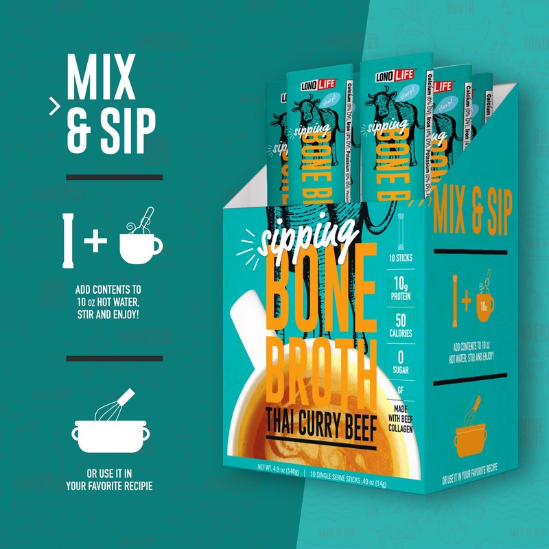 LonoLife Thai Curry Beef Bone Broth Powder Mix | Grass-Fed,