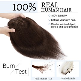 SEGOHAIR Hair Toppers for Women Real Human Hair With Bangs 7 * 13 CM Silk Base Clip In Topper Hairpieces Wiglet Top Hair Pieces for Women With Thinning Hair -6 Inch Dark Brown