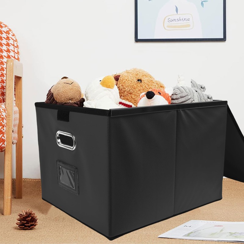 Umtiti A4-Size Black Leather File Organizer Box with Lid（Folders not