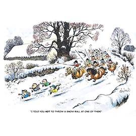 Cartoon Pony Christmas Card. Snow Ball Attack by Thelwell. Fun Vintage Image of Children on Ponies
