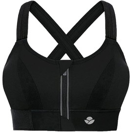 YIANNA Women's High Impact Sports Bra for Large Breasts - Front Zipper Closure, Adjustable Straps, Padded Sports Bra Plus Size, CA-YA151-Black-XXL