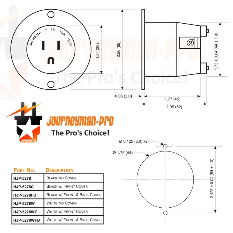 Journeyman-Pro 5278W 15 Amp 120-125 Volt, NEMA 5-15 Flanged Inlet,