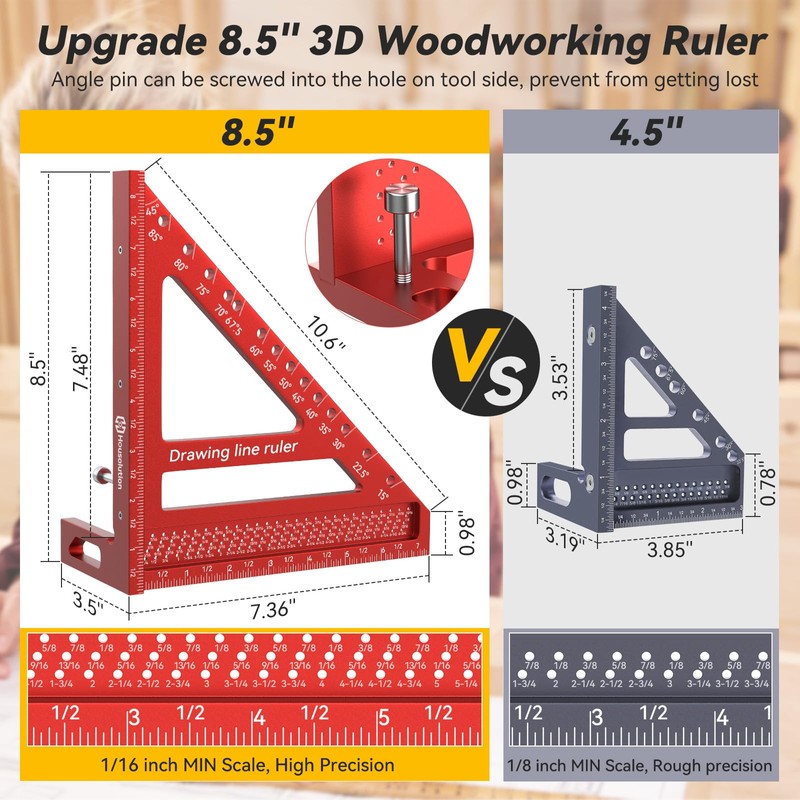 Housolution 8.5Inch 3D 6-in-1 Carpenter Square (1/16" Precision), 0-90° Aluminum