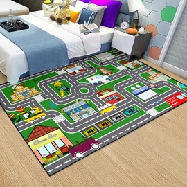 Car Rugs for Kids Toy Cars Road Rug for Kids Play Rug, Green Car Traffic Road Play Mat Carpets for Kids Room Bedroom Playroom Nursery Room Decor, 5'×7'