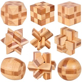 Xrten 9Pcs Wooden Brain Teaser Puzzles,IQ Test Unlock Toy,Small Logic Mind Challenge Puzzle Games,Wooden Blocks Puzzle Toy,Assembling Lock Puzzle Educational Toy Gift