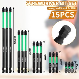 15 Pcs PZ2 Impact Driver Bits Magnetic Drill Bits S2 Steel Long PZ2 Impact Driver Bits Heavy Duty Pozidriv Long Screwdriver Bits Set 150MM 100MM 75MM 50MM 25MM Black Oxide Coated PZ2 Impact Bits