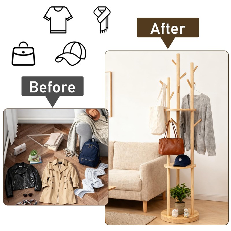 YYW 360° Wood Coat Rack Stand With Hooks And Shelves