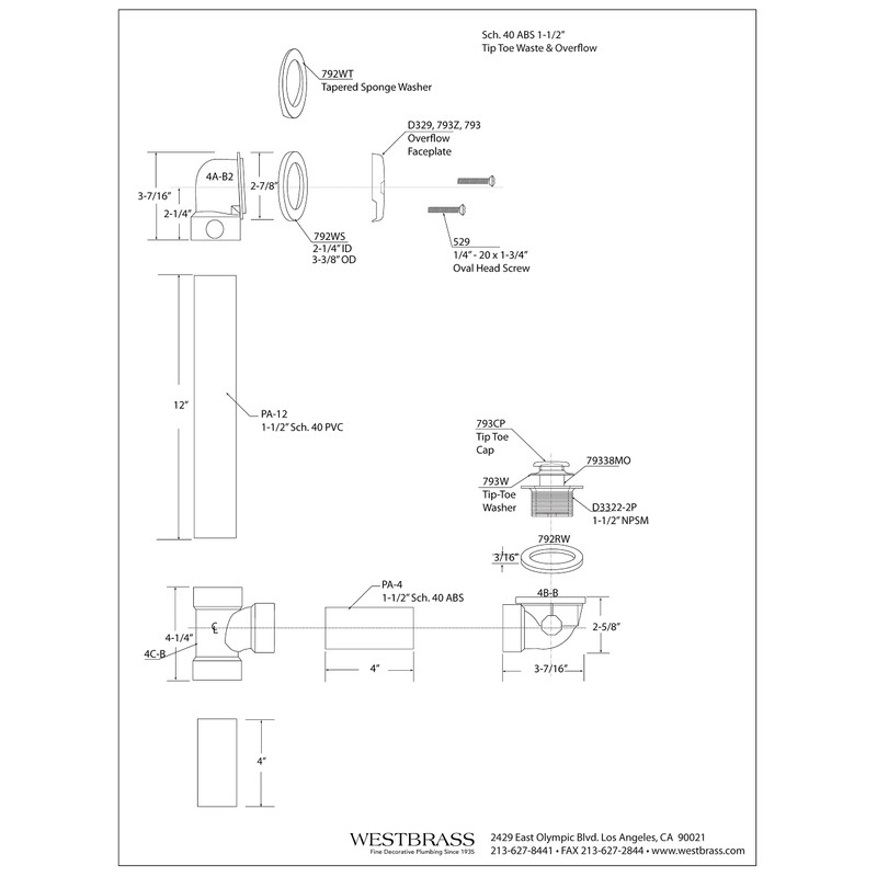 Westbrass A493144H-62 12" & 4" Bath Waste & Overflow Assembly