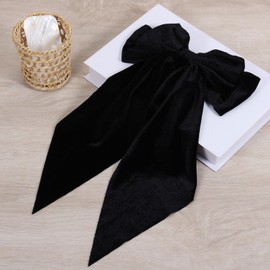Black Large Velvet Ribbon Hair Bow Clip with Long Tail for Women Girls Thick Hair Styling Accessory French Barrette Hair Clamp Everyday Wedding Party Dress Decor Stuff Head Wear