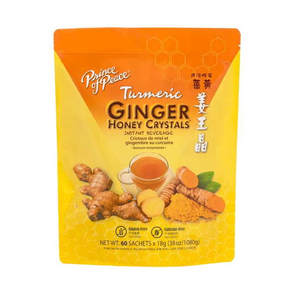 Prince of Peace Instant Ginger Honey Crystals with Turmeric, Value Pack 60 Sachets – Instant Hot or Cold Beverage Easy to Brew – Drink Like a Tea – Caffeine and Gluten Free – Real Ginger 38oz (1080g)