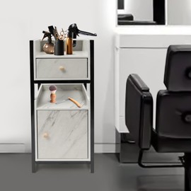Salon Storage Cabinet, Hairdressing Storage Rack w/Drawer/Storage Cabinet/Hair Dryer Holder, Marble Pattern Barber Station Salon Equipment for Hair Stylist Beauty Salon Makeup Storage (White + Black)