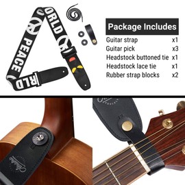 Amumu World Peace Guitar Strap adjustable for Acoustic, Electric, Bass Guitars, with 3 pick holders - Black