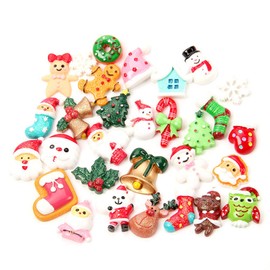 50pcs Christmas Charms Resin Saint Santa Snowman Tree Bell Deer Candy Cane Flatback Beads for Handcraft Christmas Indoor Outdoor Decoration