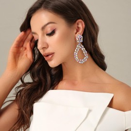 Flyonce Women's Crystal Open Hoop Oval Drop Pierced Dangle Earrings Iridescent Clear AB Silver-Tone