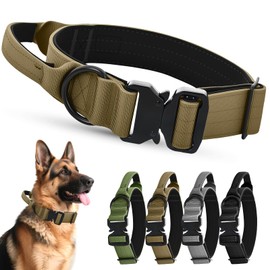 Ledeak Tactical Dog Collar, Soft Padded Breathable Pet Collar with Heavy Duty Agle Beak Metal Buckle, Nylon Adjustable Military Training Dog Collars with Handle for Medium Large Dogs (Khaki, M)