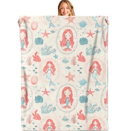 MIEPOS Cute Mermaid Throw Blanket,50x60in,Soft,Lightweight Flannel,Red-Haired Mermaids Starfish Coral Blankets - Gifts for Kids Girls Women,for Couch Office Travel,Home Living Room Nautical Decor
