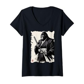 Womens Samurai Gorilla Warrior Japanese Tradition Ukiyo-e V-Neck T-Shirt