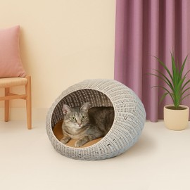 THE LICKER STORE CBD3000C Fiora 19.5" x 18" Modern Circular Faux Wicker Pet Bed with Machine-Washable Cushion, Cat Beds for Indoor Cats, White
