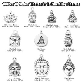 Stiesy 100Pcs 10 Styles Antique Religion Charms Tibetan Silver Buddhism Buddha Lotus with Yoga Dangle Charms for Jewelry Making DIY Crafts Gift