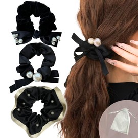 Set of 3 Pearl Scrunchies, Hair Elastics, Pearls, Hair Accessories, Stylish, Elegant, Formal, Weddings, Korean Style, Adults, Hair Clips, Clutches, Traceless (Black)