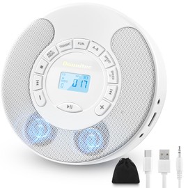 Walkman Portable CD Player, Stereo Dual Speaker, Language Learning Repeat Function, Double Speed Playback, Headphone Jack, USB/AUX Compatible, White