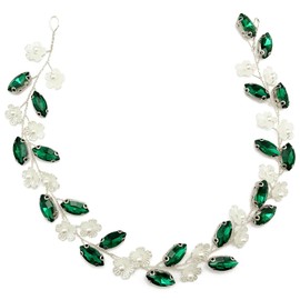 BETITETO Bridal Crystal Flower Headband Wedding Rhinestone Pearl Floral Hair Vine Headpiece Accessories for Women Girls (Green Crystal Silver Vine)