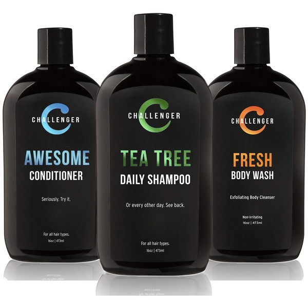 Challenger Men’s Tea Tree Shampoo, Conditioner, & Fresh Body Wash Trio, 3X 16 Oz Bottles | Sulfate Free w/ Vitamins, Argan Oil, Biotin | Keratin, Vitamin C, Vitamin D, Protein, No Artificial Colors