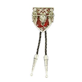 AW-Collection Bolo Tie Western Tie Arrowhead with Longhorn Skull Red Feathers Line Dance, Silver / Red