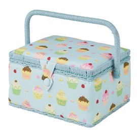Medium Cupcake Sewing Box, Blue Cupcake Pattern Fabric, 18.5 x 26 x 15cm