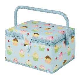 Medium Cupcake Sewing Box, Blue Cupcake Pattern Fabric, 18.5 x 26 x 15cm
