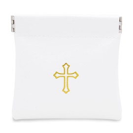 Squeeze Top Rosary Pouch White Faux Leather with Cross Imprint