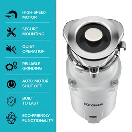 KRAUS WasteGuard 1/3 HP Continuous Feed Garbage Disposal with Ultra-Quiet Motor for Kitchen Sink with Power Cord and Flange Included, KWD201-33MCG