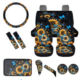 BIGCARJOB Sunflower Car Seat Cover Full Set of 12 Pcs Blue Butterfly Car Interior Accessories Set with Armrest Cover,Cup Holder,Steering Wheel Covers,Seat Belt Pads